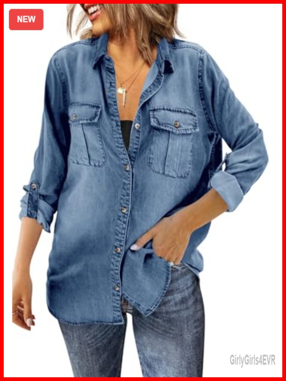 Womens Button Down Denim Shirt Long Sleeve Oversized Jean Jacket